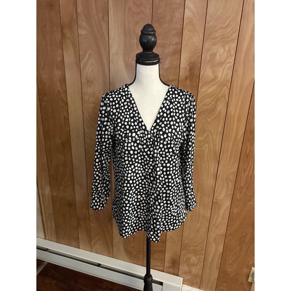 Verve Ami Womens Black White Polka Dot V-Neck Button Front Blouse Medium